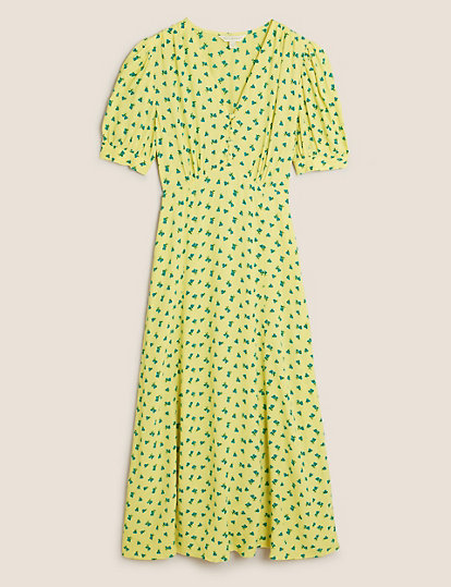knee length dresses for ladies Faithfull The Brand Neon Green Floral Short Sleeve Maxi Dress