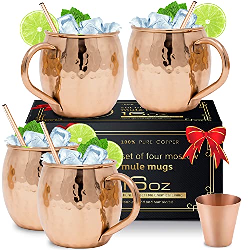 TU Next Moscow Mule Mugs - 16oz Hammered Copper Mugs Set of 4 with 4