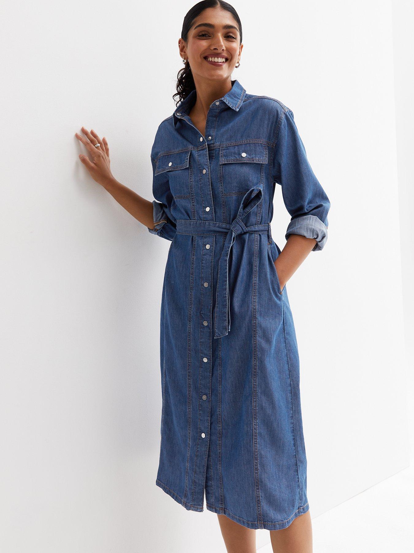 m&s holly willoughby denim dress Blue Washed Denim Long Sleeve Midi Dress