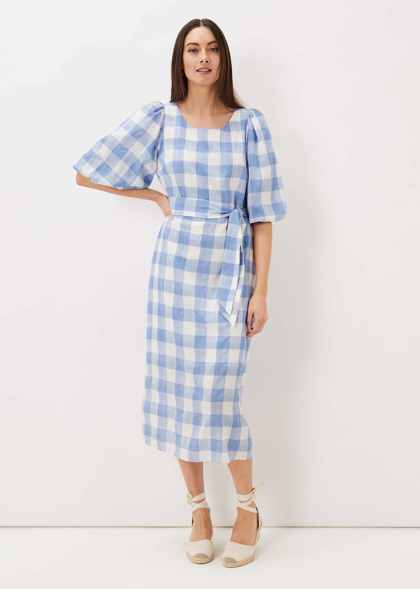 Lorraine Kelly looks stylish in a blue and white checked dress