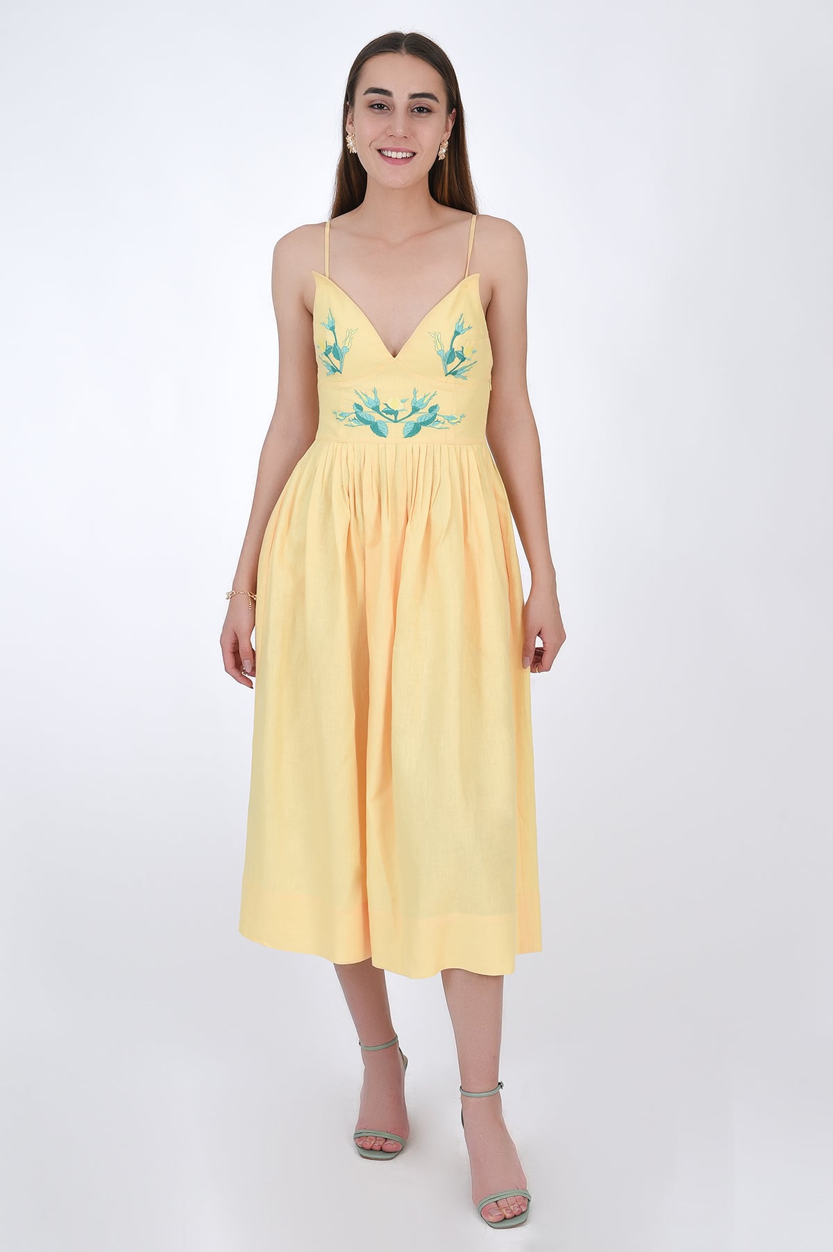 chinese dress ladies Off-White Stitched Garden Euroflax™ Premium Linen Midi Dress main image 0