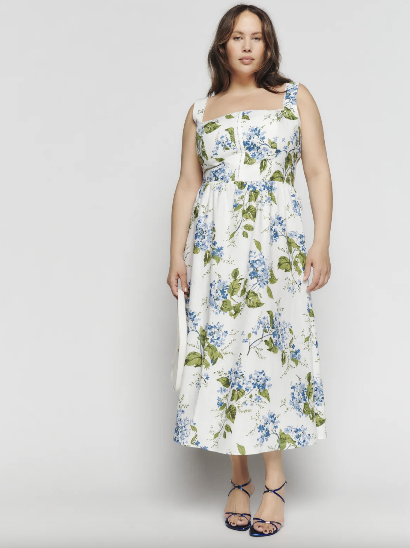 linen blend floral dress Orange Floral Print Linen Blend Ruffle Midi Dress – Mint Velvet main image 1