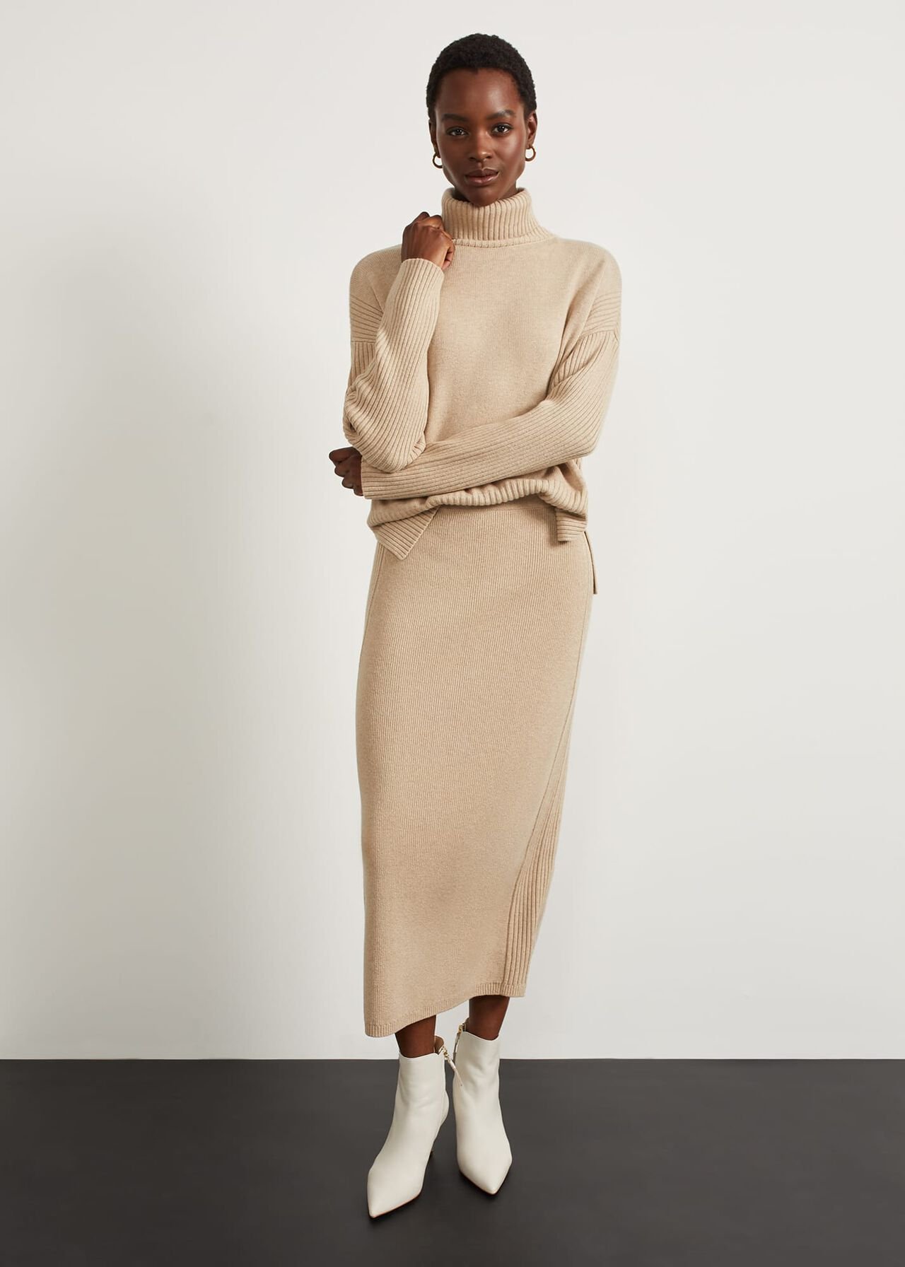 Roll Neck Jumper Knit Co Ord Midi Skirt Soft Knit Fine Gauge