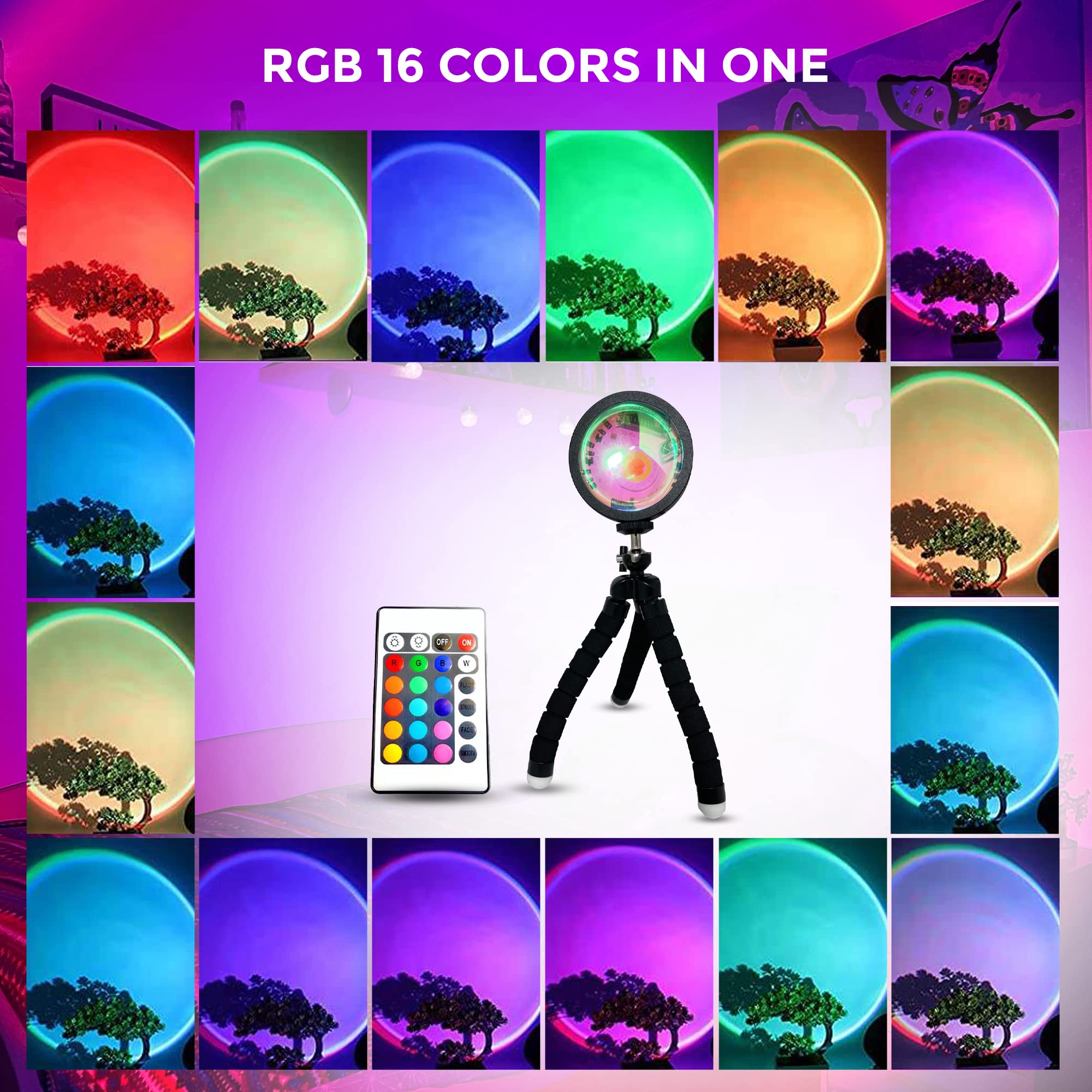 Lampada Proiettore Tramonto 16 Colori Con Telecomando - Rotazione 360°, Modalità Flash/Dissolvenza, Luce LED RGB Per Decorazione Casa, Festa, Fotografia (Altezza 29 Cm) - 2