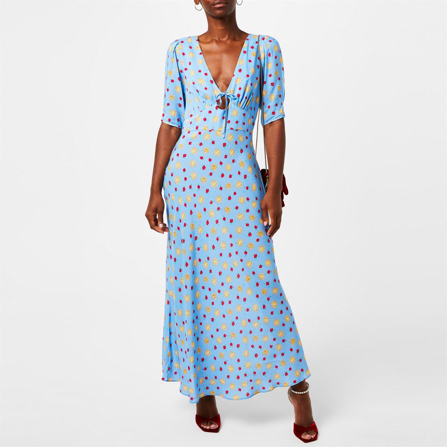 rixo midi dress sale Lucie lace-trimmed embroidered crepe de chine midi dress - blue