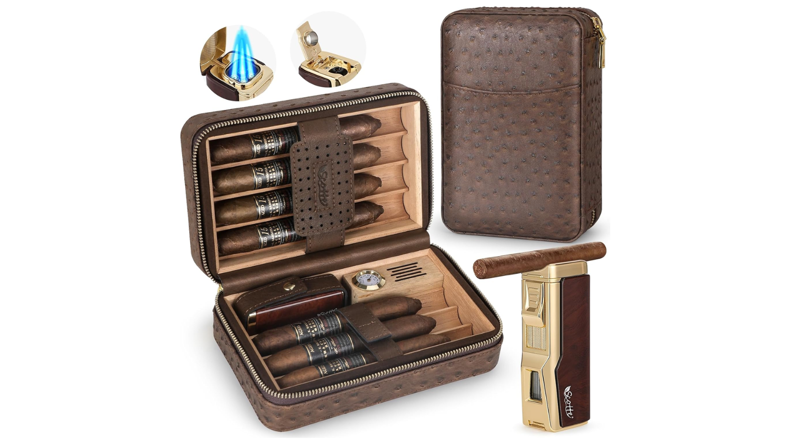 CIGARLOONG Portasigari in pelle da viaggio con umidificatore, 3 tubi, con tagliasigari (colore marrone CIGARLOONG Portasigari in pelle da viaggio con umidificatore, 3 tubi, con tagliasigari (colore marrone