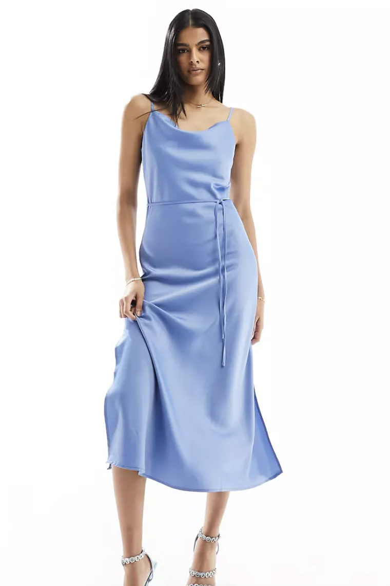 princess polly baby blue dress ASOS DESIGN Bridesmaid Satin Ruched Bodice Maxi Dress With Tie Back And  Button Back Detail In Blush-Pink for Women main image 1