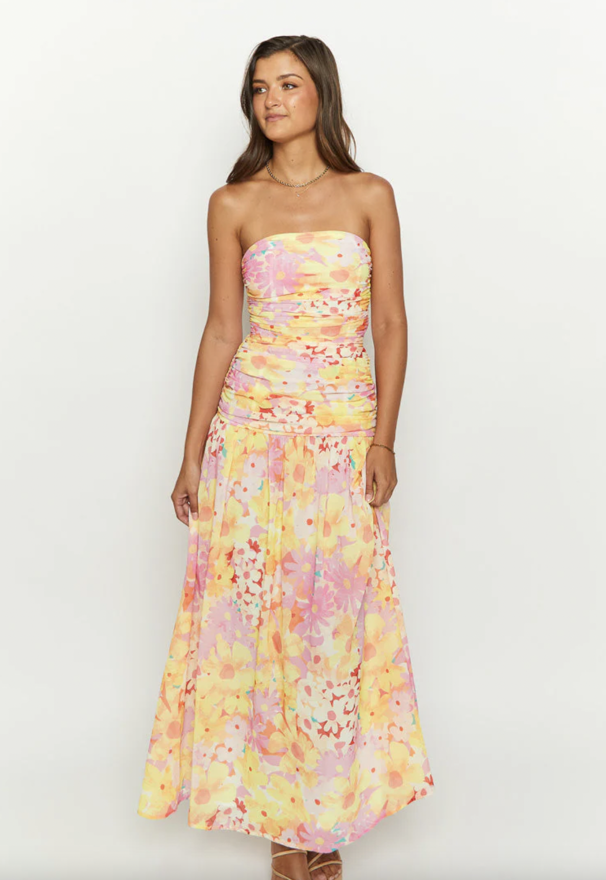 pink and yellow floral dress MARTISHA ASYMMETRIC OFF SHOULDER SPLIT MAXI DRESS