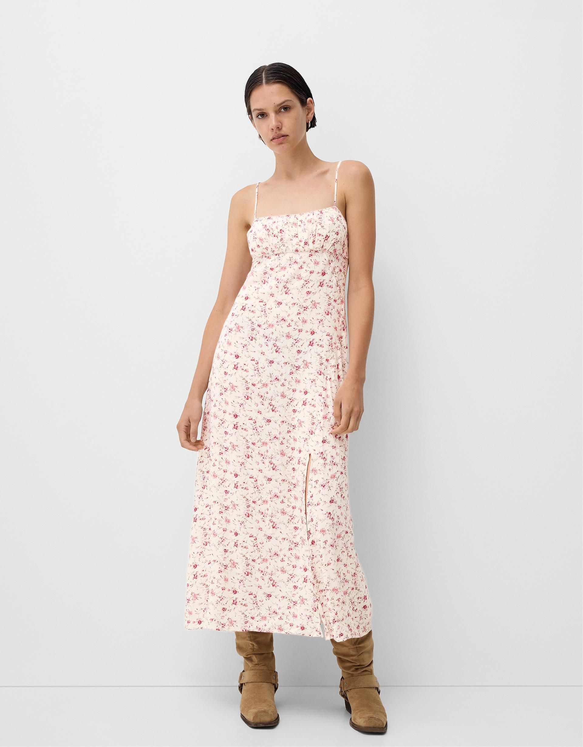 Vestido Midi Vestido Bershka Rosa Vestido Midi Flores Bershka