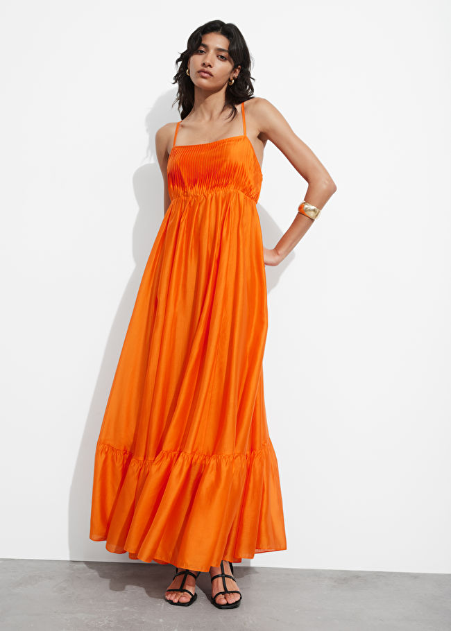 strapless open back dress IZA ORANGE RUFFLE MAXI DRESS – OFUURE