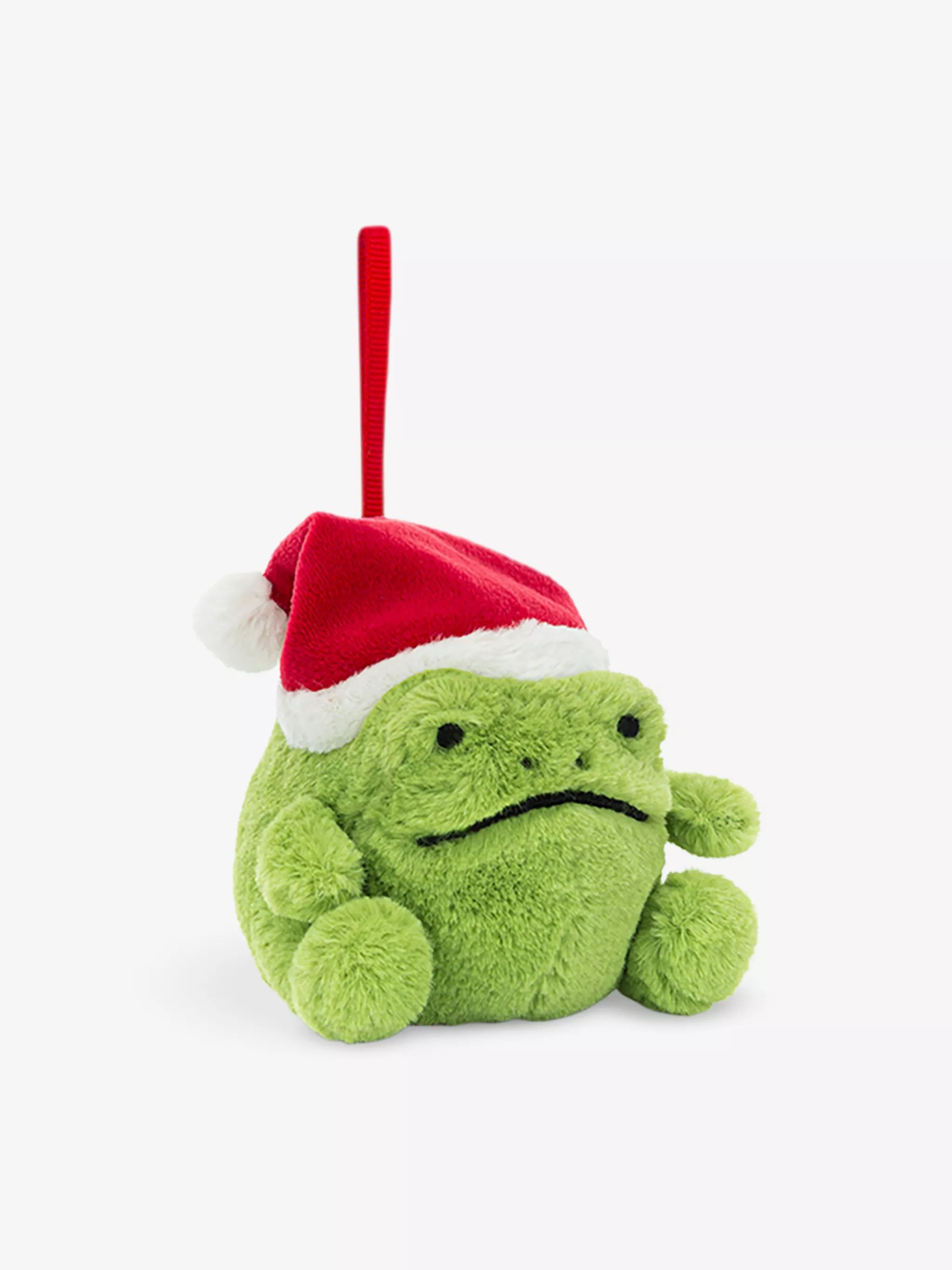 'a stuffed frog with a red hat'