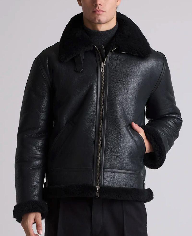 Shearling Collar Mens Black Wool Bomber Jacket Best Shearling