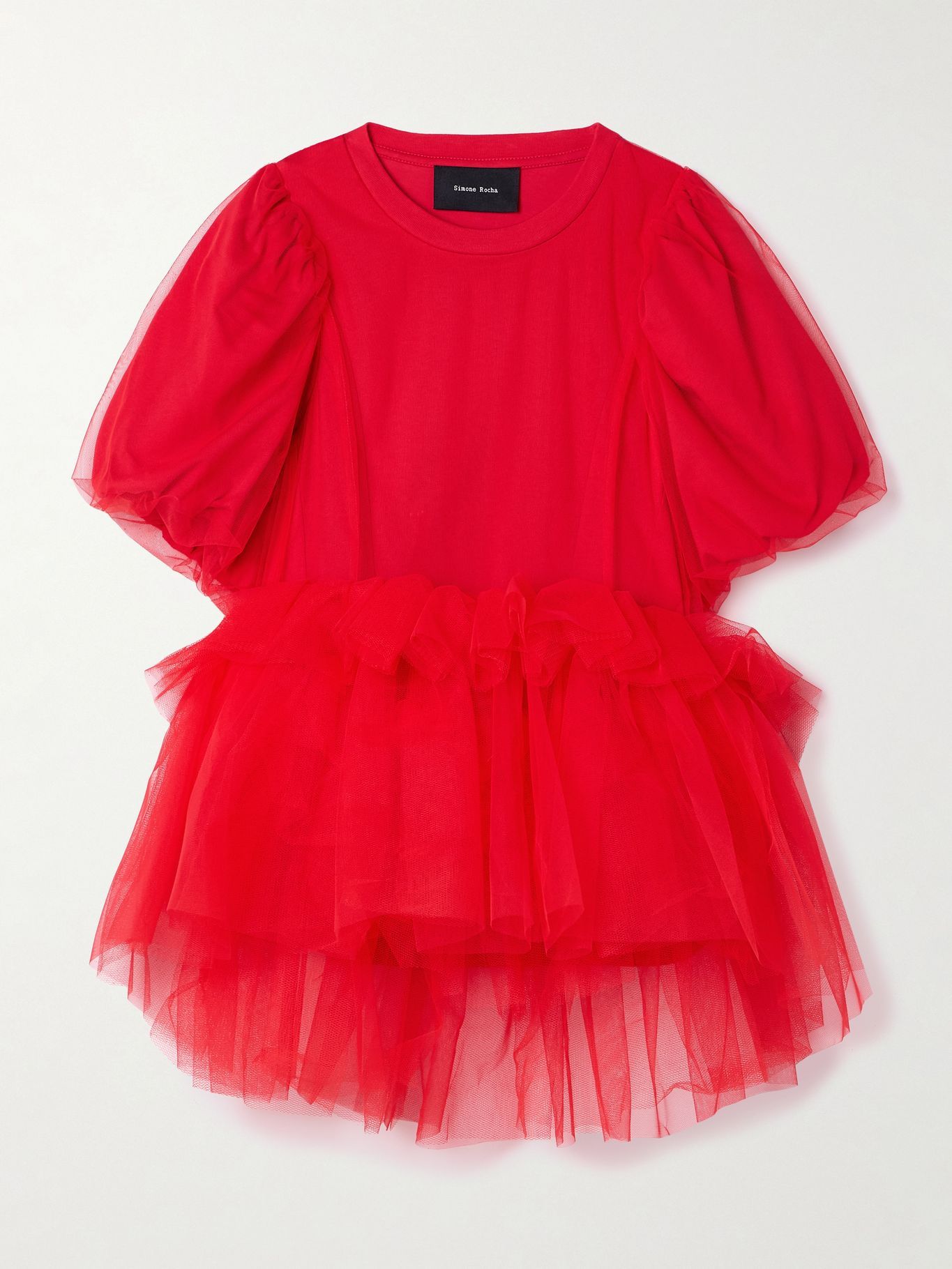 simone rocha puff sleeve red organza dress Puff-sleeve ruffled cotton midi dress in red - Simone Rocha