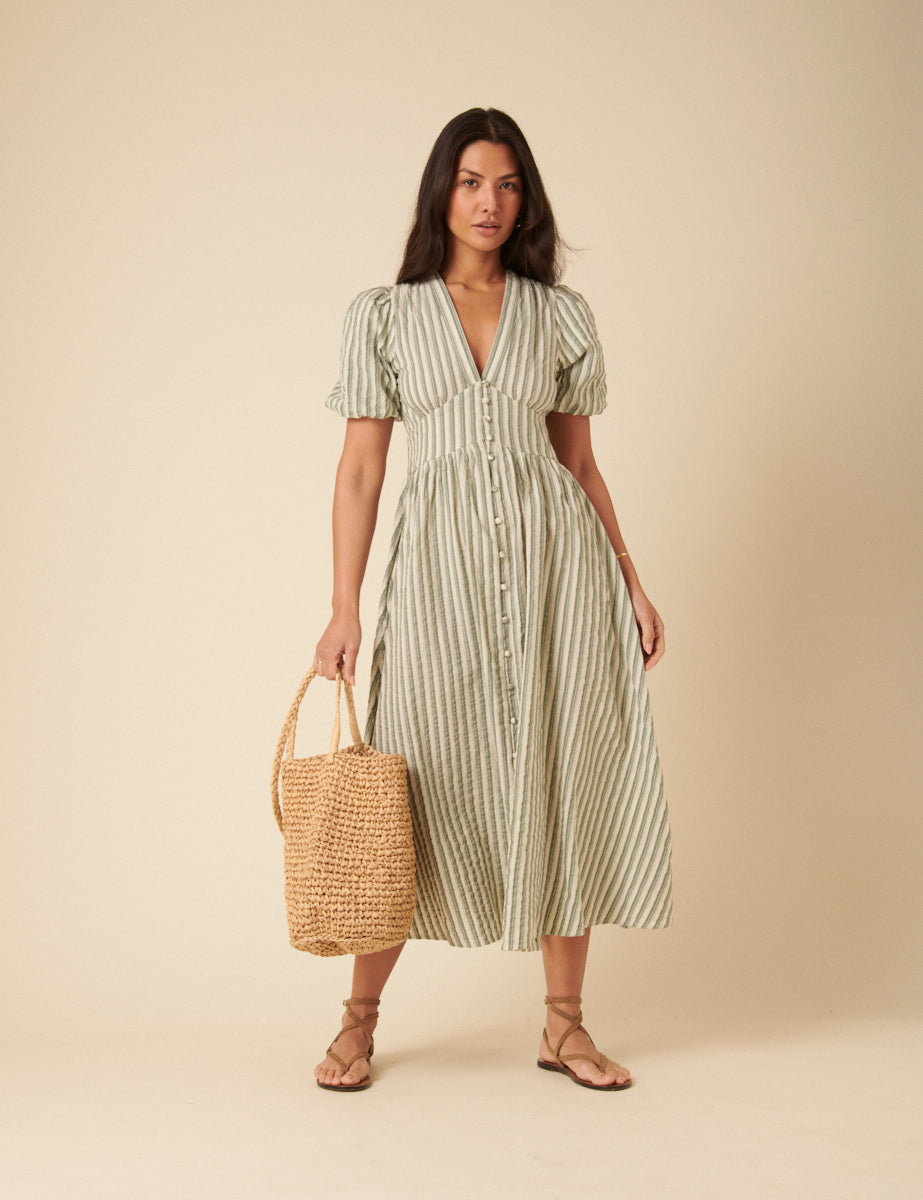 sachin and babi light blue dress Blue and Ivory Print Midi Summer Dress with Buttons– PromGirl main image 1