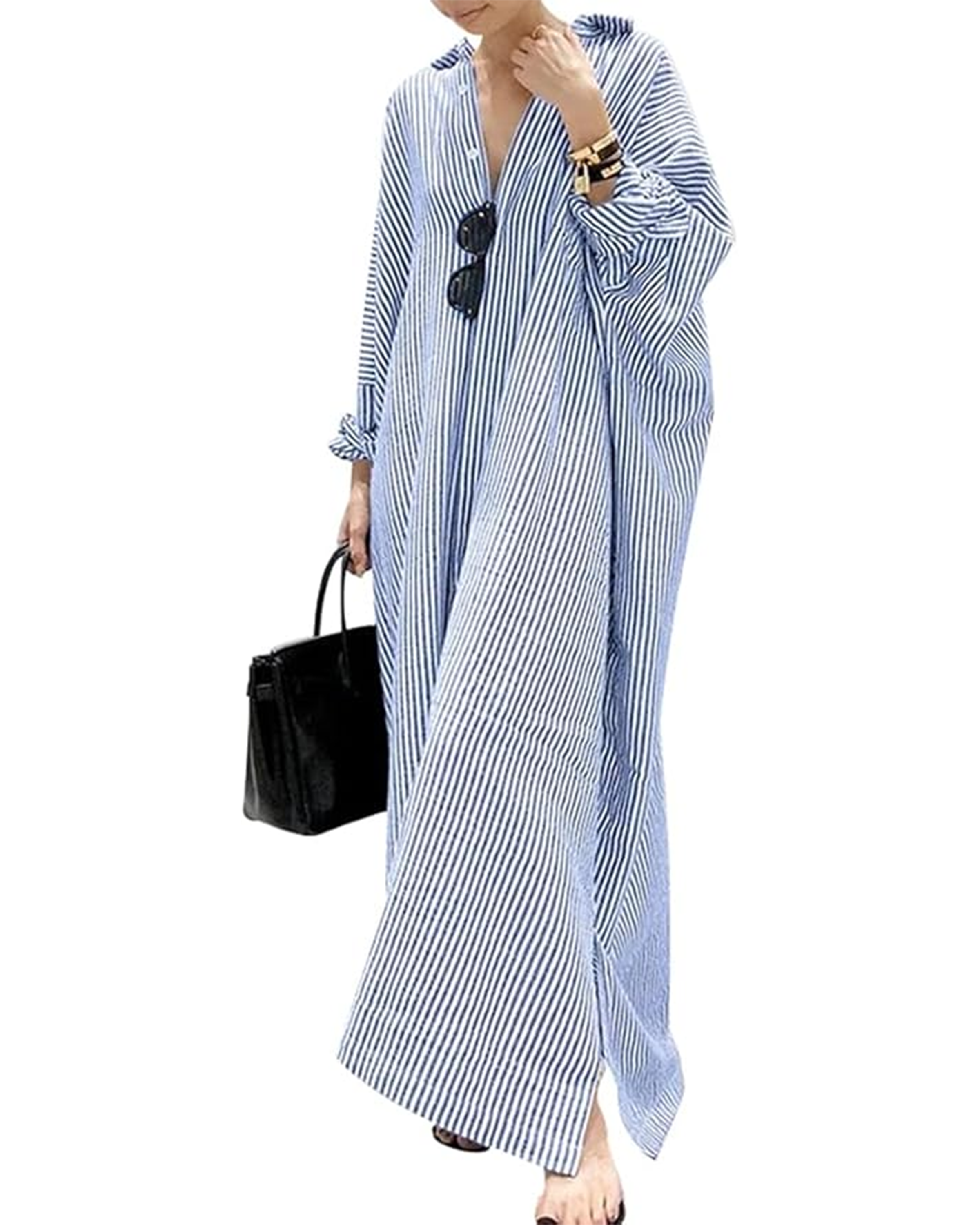 amazon long shirt dress Womens Cotton Linen Maxi Shirt Dress Long Sleeve Loose Fit Swing Hem Pleated Tunic Dress Deep V Neck Solid Color Baggy Flowy Shift Dress Summer Casual Black Plus Size Long Dresses S