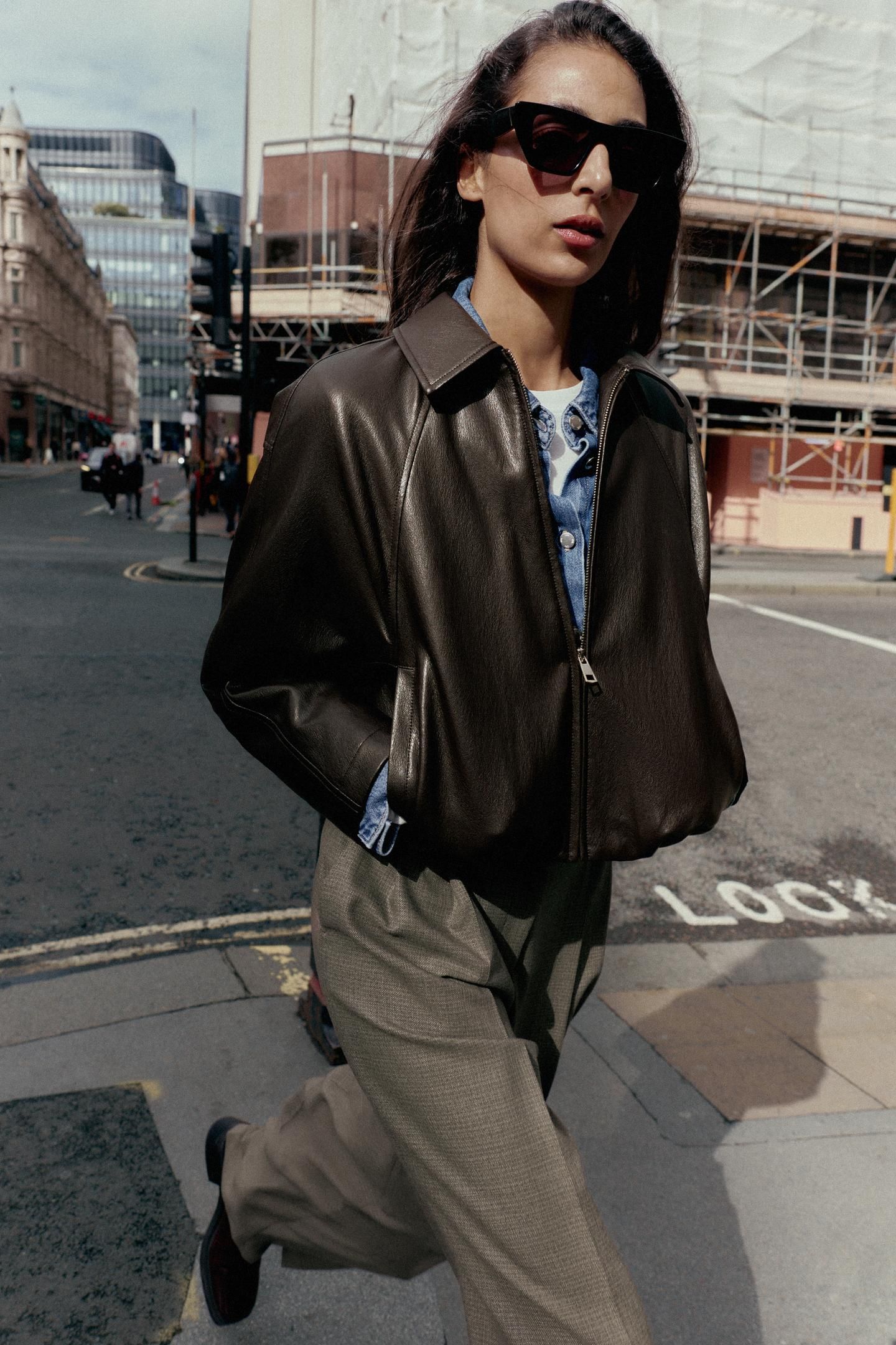 Bomber Jacket Zara Mujer Cazadora Cuero CAZADORA EFECTO PIEL Negro