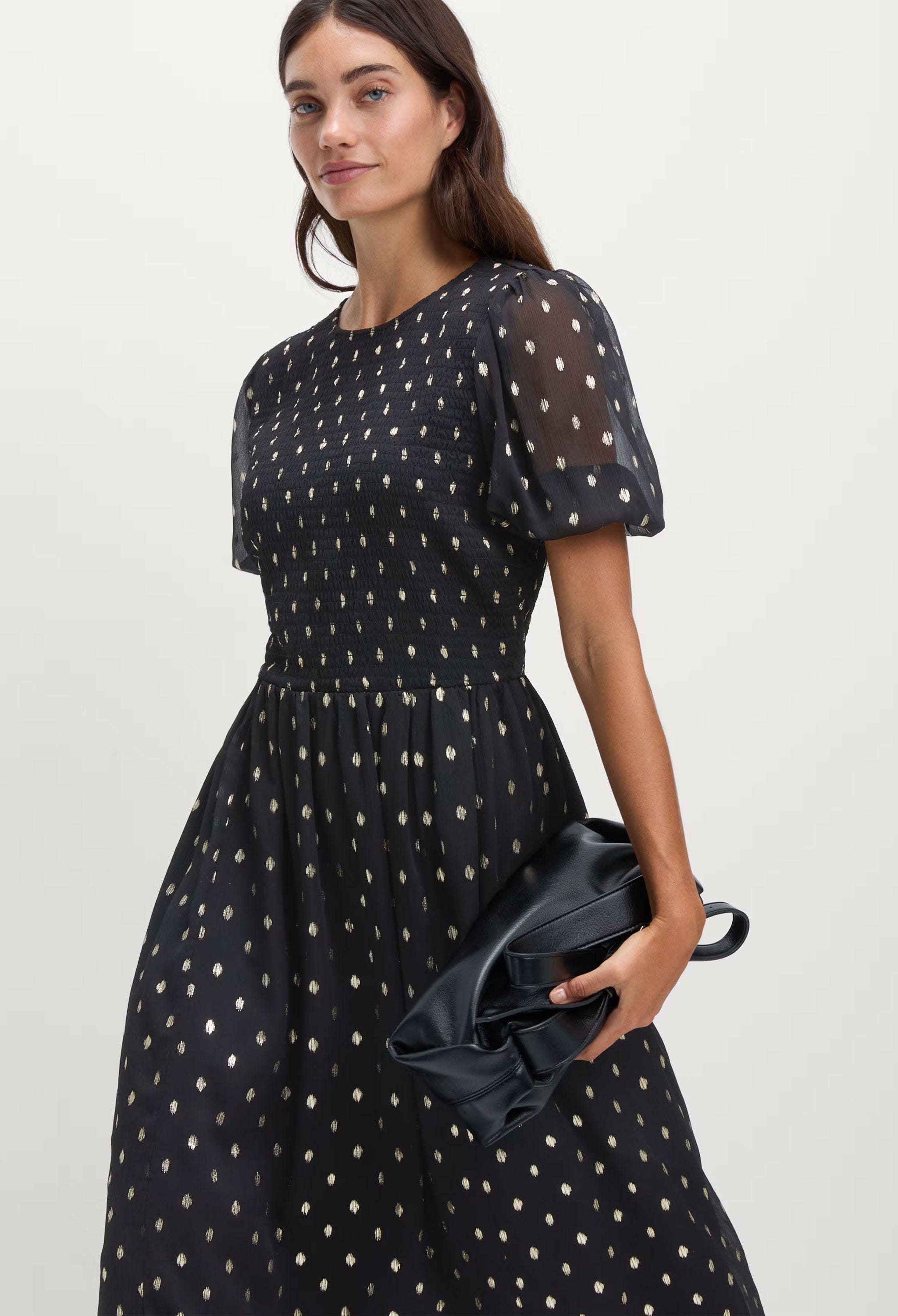 black and gold polka dot dress Dina Women's Short Black Dress with Gold Polka Dots main image 0