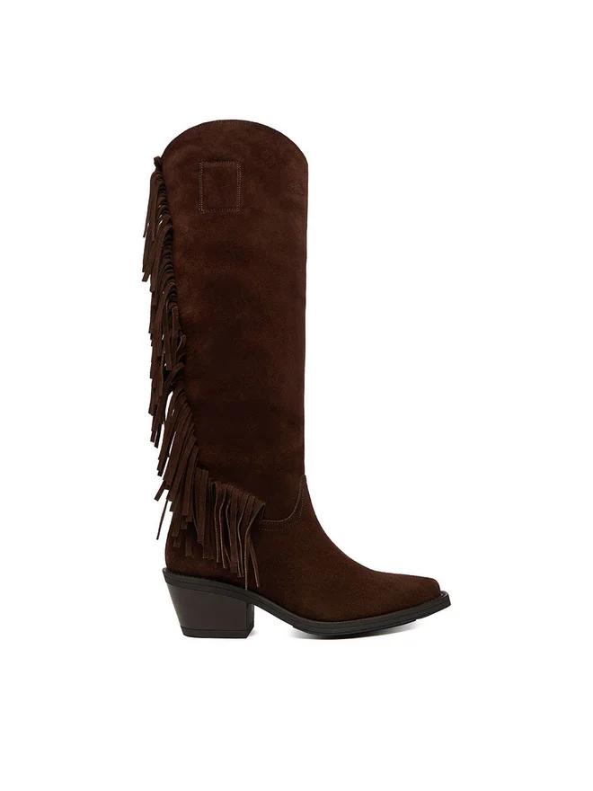 Stivali Lunghi Donna In Pelle Scamosciata Con Tacco Basso | Stivali Western Al Ginocchio Con Cerniera - Per Inverno E Look Casual
