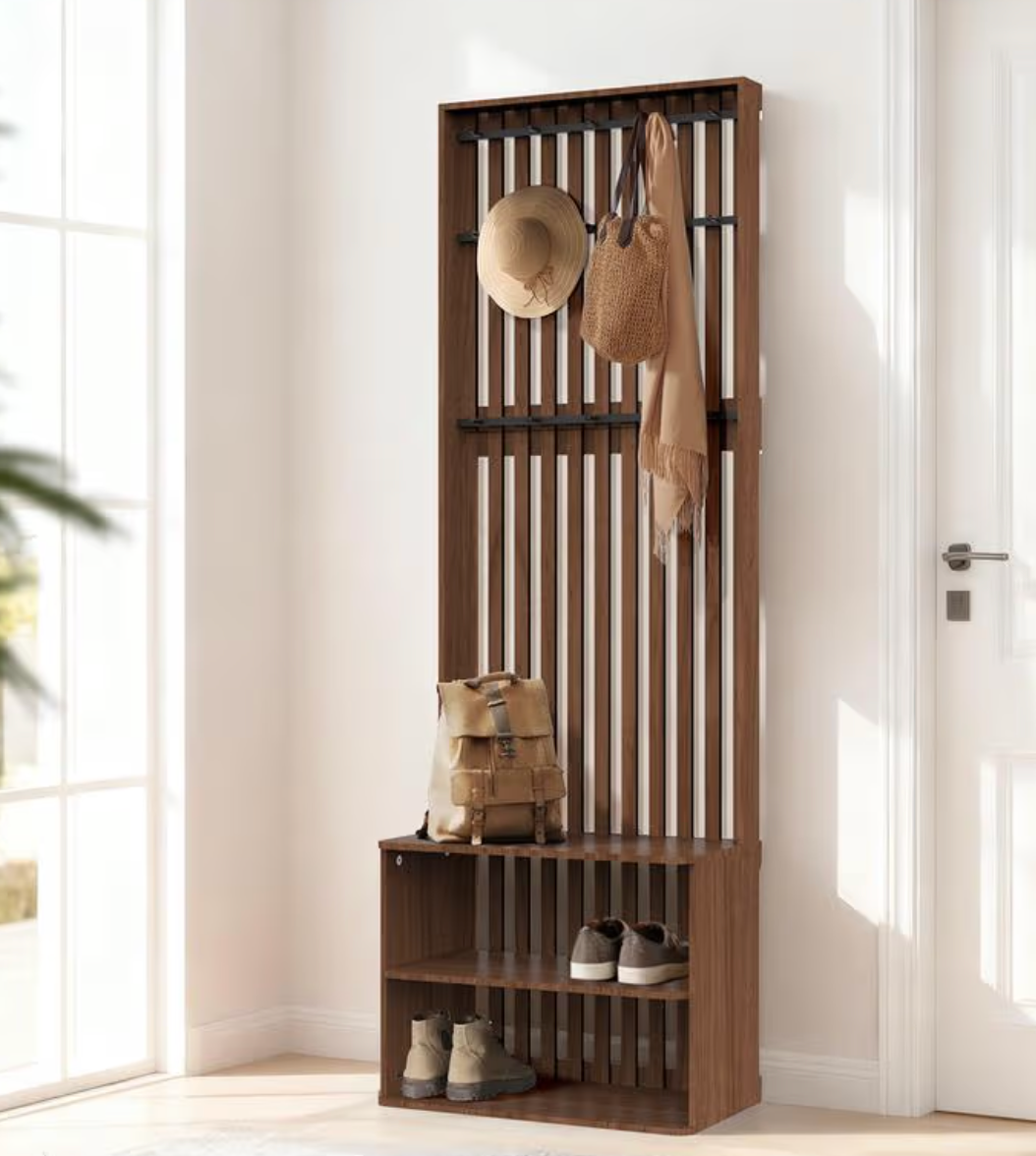 vounot 4-in-1 Entrance Coat Rack with Sofa and Shoe Rack, 3 Levels, with 9 Removable Hooks, Entrance Furniture, 185 x 85 x 33 cm, Frame Made of Robust Steel, Tilt Protection