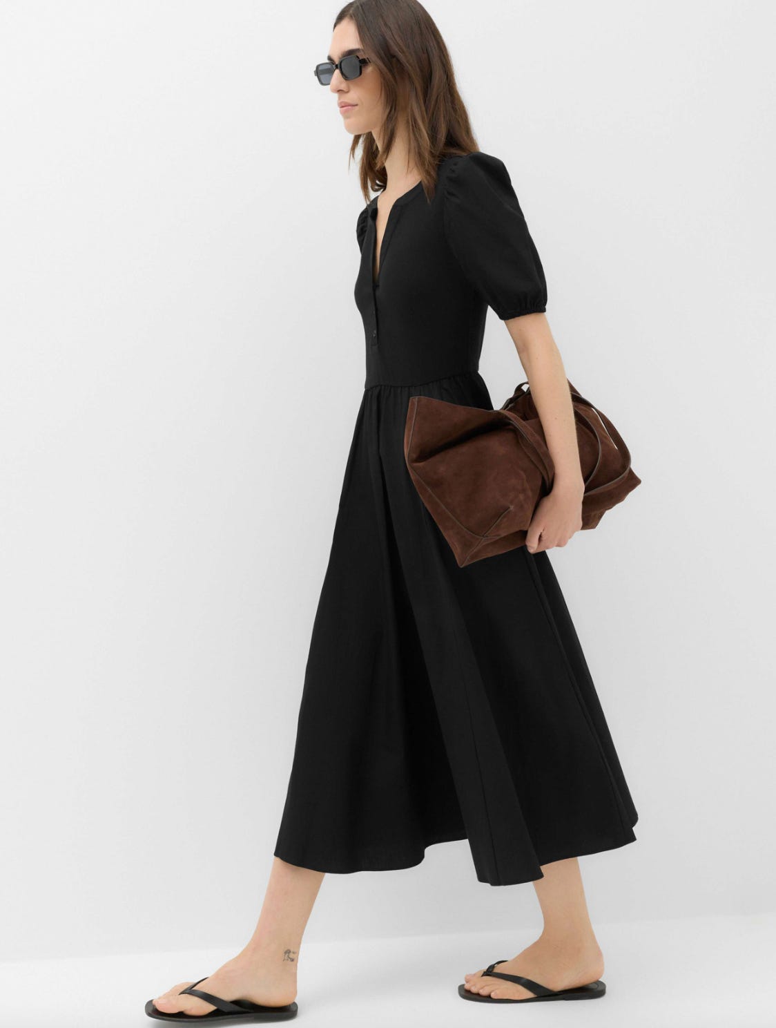 black cotton dress long mute Black Cotton Poplin A-Line Deep Neck Maxi Tier Dress 60" / Custom Height (Free)