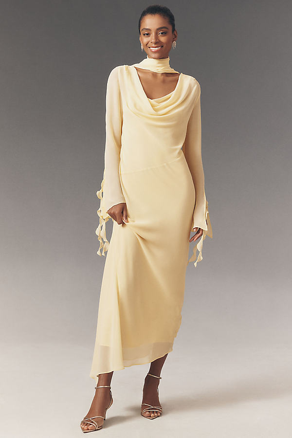 light blue long sleeve chiffon dress ever AMYRA|Long Sleeve Waist Chain Round Neckline Midi Chiffon Wedding  Guest Dress main image 0